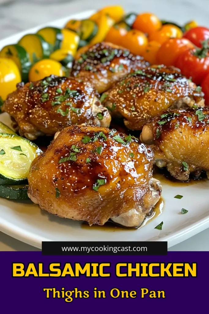 Craving a delicious and simple meal? Try these Balsamic chicken thighs for an easy chicken thigh recipe that’s bursting with flavor! These oven-baked chicken thighs are marinated to perfection and cooked in one pan with vibrant veggies. Perfect for a weeknight dinner, this marinated chicken thighs recipe will impress your family. Save this one-pan chicken dinner to your board for a tasty meal. #BalsamicChickenThighs #EasyChickenRecipes #OvenBakedChicken #OnePanDinner