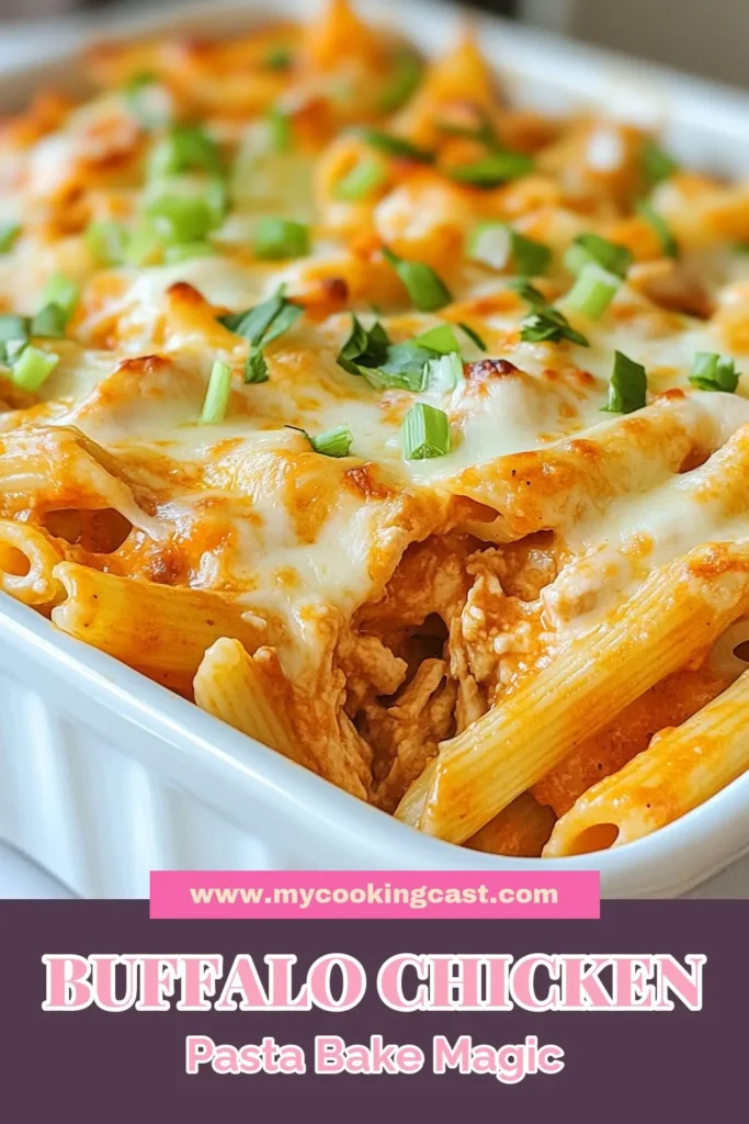 Looking for an easy buffalo chicken recipe? This Buffalo Chicken Pasta Bake is a creamy pasta bake with chicken that's perfect for weeknight dinners. Combining spicy pasta casserole elements with buffalo sauce, it's sure to satisfy your cravings. Ready in just 45 minutes, this buffalo sauce pasta dish serves 6! Save this recipe and impress your family tonight! #BuffaloChickenPastaBake #SpicyPastaCasserole #EasyBuffaloChickenRecipe #PastaBake
