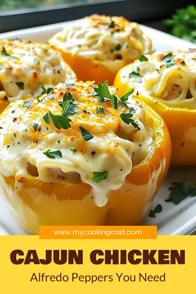 Discover the delicious world of Cajun Chicken Alfredo with these mouthwatering stuffed peppers! This stuffed peppers recipe combines shredded chicken, fettuccine, and creamy Cajun Alfredo for a unique twist on traditional bell pepper stuffing ideas. Perfect for a hearty meal, these Cajun chicken recipes are sure to impress. Try them today and elevate your dinner game! Save this recipe for later! #CajunChickenAlfredo #StuffedPeppersRecipe #FettuccineStuffedPeppers #CajunChickenRecipe