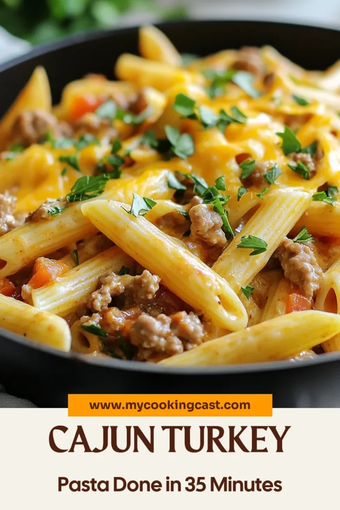 Whip up this delicious Cajun Turkey Pasta Skillet for a quick, one-pot turkey skillet meal that's packed with flavors! This creamy Cajun pasta recipe combines ground turkey, vibrant veggies, and zesty Cajun seasoning for a comforting dish in just 35 minutes. Perfect for busy weeknights, this easy pasta recipe will become a family favorite. Save this recipe for your next dinner! #CajunTurkeyPasta #OnePotMeals #GroundTurkeySkillet #PastaRecipes