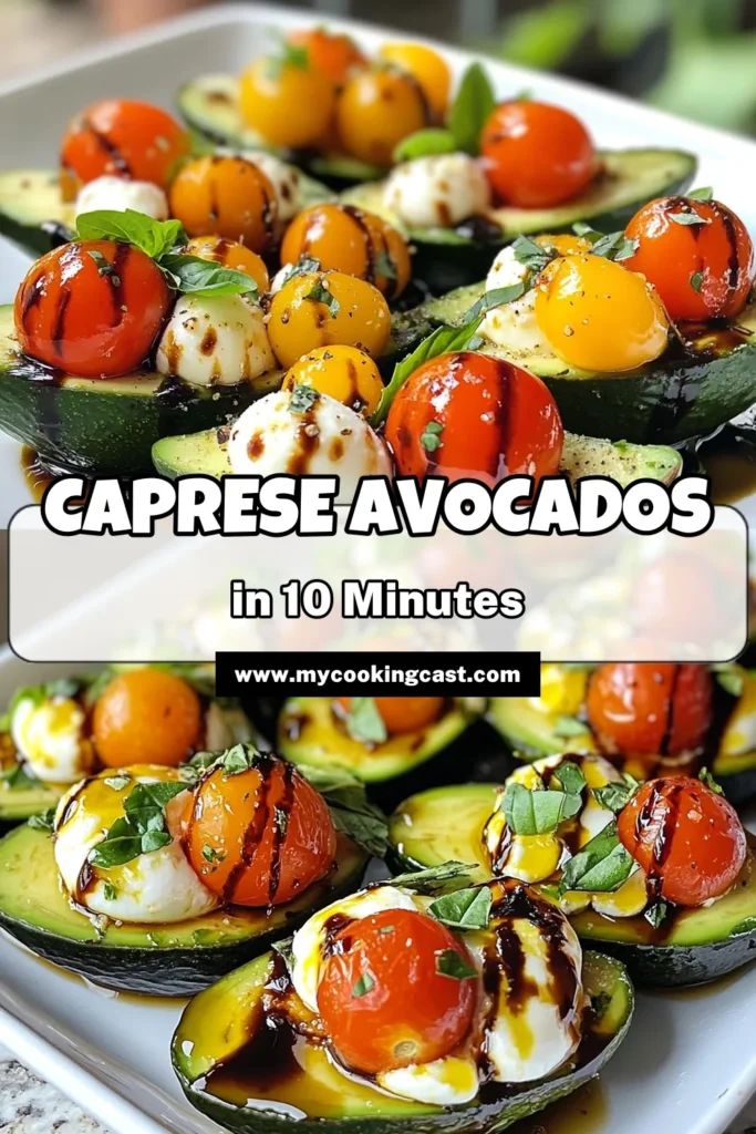 Discover the deliciousness of Caprese stuffed avocados with this easy avocado salad recipe! Packed with fresh mozzarella, cherry tomatoes, and basil, these healthy Italian snacks are the perfect easy Caprese appetizer for any occasion. Whip up this fresh mozzarella avocado dish in just 10 minutes and impress your guests. Click to save this tasty recipe today! #CapreseStuffedAvocados #AvocadoSaladRecipe #EasyAppetizer #HealthySnacks