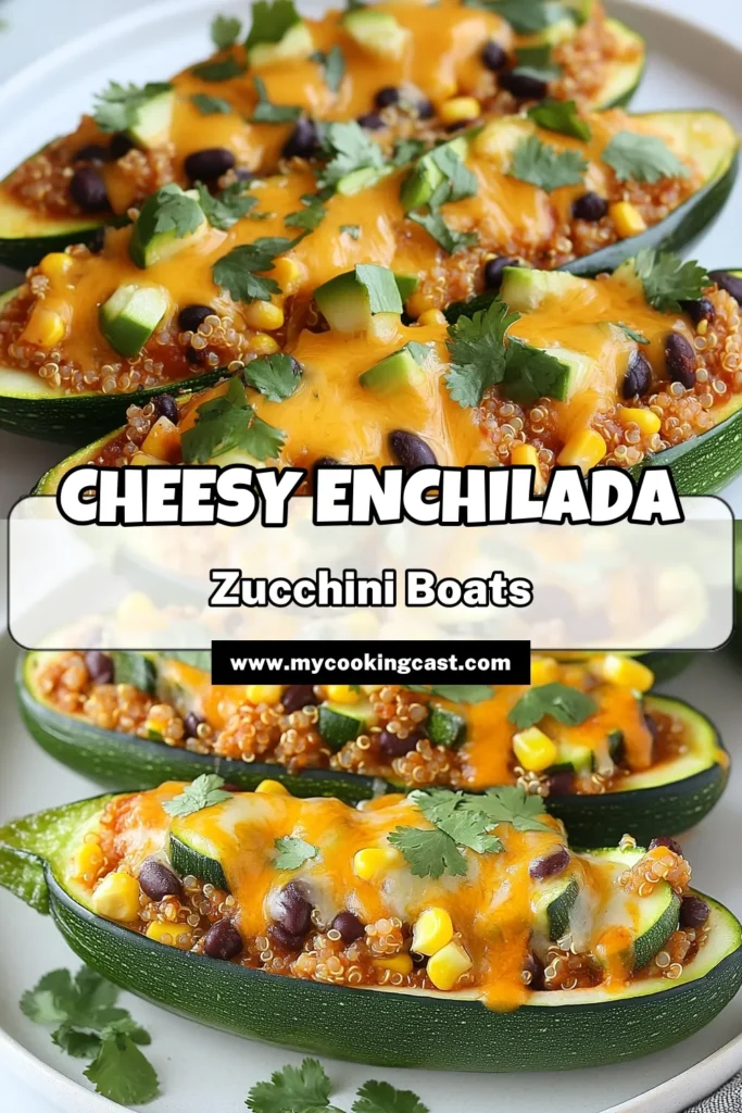 Discover the deliciousness of cheesy enchilada stuffed zucchini! This healthy zucchini recipe is perfect for anyone looking for vegetarian enchiladas that are both satisfying and nutritious. Stuffed with quinoa, black beans, and topped with melted cheese, these zucchini boats make a fantastic easy dinner recipe. Try this fun twist on enchiladas today! Save this recipe for your next meal! #HealthyZucchiniRecipes #VegetarianEnchiladas #QuinoaStuffedZucchiniBoats #EasyDinnerRecipes