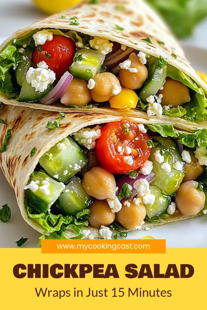 Looking for a quick and healthy lunch? Try these delicious Mediterranean Chickpea Salad Wraps! This easy chickpea wraps recipe combines chickpeas, cherry tomatoes, cucumber, and feta in whole wheat tortillas, making it the perfect healthy lunch idea. Packed with flavor and nutrition, these feta cheese salad wraps are ready in just 15 minutes. Save this recipe for a tasty meal on-the-go! #ChickpeaWraps #HealthyLunchIdeas #MediterraneanChickpeaSalad #WholeWheatTortillas