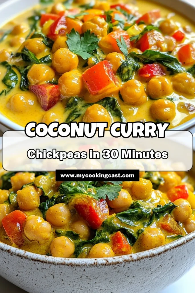 Dive into this delicious Coconut Curry Chickpeas recipe, a perfect vegan curry recipe that's both quick and healthy! Enjoy a flavorful dish loaded with chickpeas, coconut milk, and spices. This coconut milk curry is not only easy to make but also satisfies your cravings for healthy chickpea dishes. Perfect for busy nights, this quick chickpea curry will become a favorite! Save this recipe for later and bring the taste of healthy cooking to your table! #CoconutCurryChickpeas #VeganRecipe #HealthyEating #ChickpeaRecipes