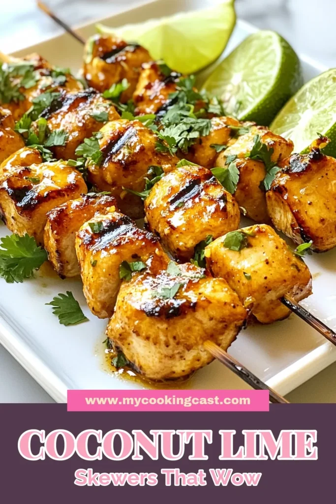 Elevate your summer grilling with these delicious Coconut Lime Chicken Skewers! This easy grilled chicken skewers recipe features marinated chicken skewers soaked in creamy coconut milk, zesty lime, and a hint of honey. Perfect for tropical vibes, these tropical chicken skewers are a must-try. Ready in just over an hour, they're ideal for gatherings. Save this recipe now for a flavorful twist on your next BBQ! #CoconutLimeChickenSkewers #GrilledChickenSkewers #TropicalChickenSkewers #EasySkewersWithCoconutMilk