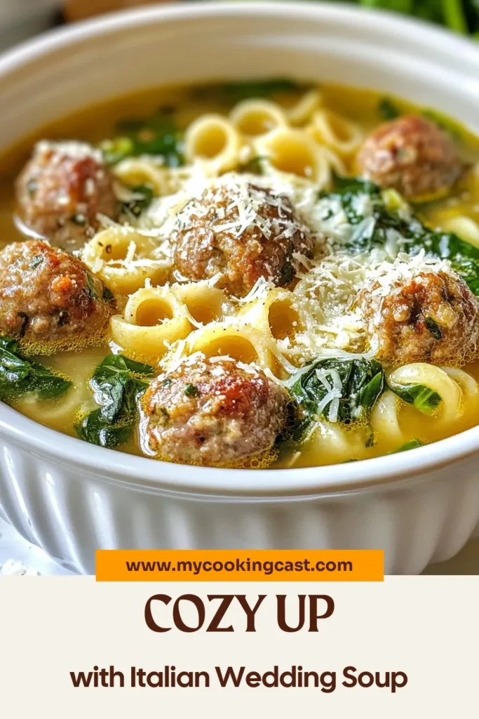 Warm up with this delightful Italian Wedding Soup recipe! This homemade Italian soup features tender meatballs, fresh spinach, and pasta in a savory chicken broth, making it a healthy wedding soup perfect for any occasion. With simple ingredients, you can whip up this meatball soup recipe in just 35 minutes. Try this spinach and pasta soup today for a comforting meal. Save this recipe now! #ItalianWeddingSoup #HealthyRecipes #SoupSeason #ComfortFood