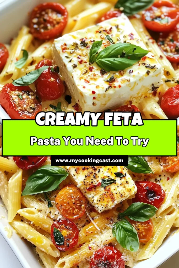 Discover the ultimate creamy baked feta pasta! This easy baked feta recipe combines feta cheese with cherry tomatoes and penne for a delicious vegetarian pasta dish. It's perfect for a quick dinner or meal prep. Ready in just 35 minutes, it's one of the easiest pasta dishes you'll ever make. Don’t forget to garnish with fresh basil and Parmesan for an extra flavor boost! Try it today and save this recipe! #BakedFeta #PastaRecipe #Vegetarian #FetaCheesePasta