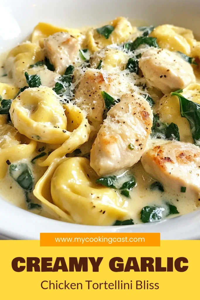 Discover the delight of a Creamy Garlic Chicken Tortellini Skillet that's quick and easy! This one-pot chicken tortellini recipe combines tender chicken, fresh cheese tortellini, and a rich, creamy sauce for a meal ready in just 25 minutes. Perfect for busy nights, this easy creamy tortellini recipe is a must-try for quick dinner recipes with tortellini. Save this recipe for a delicious weeknight dinner! #TortelliniRecipe #EasyDinnerIdeas #OnePotMeals #CreamyPasta