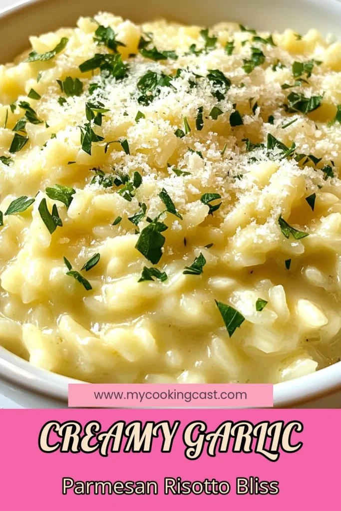 Indulge in the rich and comforting flavors of Creamy Garlic Parmesan Risotto, an easy vegetable risotto that uses Arborio rice for that perfect creamy texture. This Parmesan risotto recipe is a must-try for comfort food lovers. With only a few ingredients, you can create a delicious Arborio rice dish that's perfect for any occasion. Discover this delightful recipe and elevate your dinner tonight! Save for later! #CreamyGarlicRisotto #ParmesanRisottoRecipe #ComfortFoodRisotto #EasyVegetableRisotto