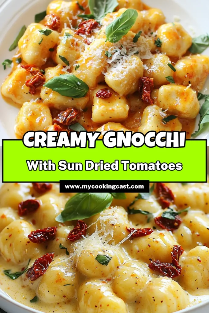 Indulge in this creamy sun-dried tomato gnocchi recipe that brings the vibrant flavors of Italy to your table in just 25 minutes! This easy Italian pasta dish features tender potato gnocchi tossed in a rich sun-dried tomatoes pasta sauce, making for a quick creamy gnocchi dinner idea. Perfect for busy nights, it's sure to impress your family and friends. Try it out today! #creamygnocchi #sundriedtomatoes #italianpasta #gnocchirecipe