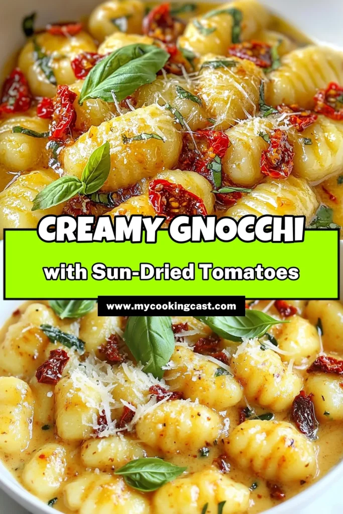 Indulge in this creamy sun-dried tomato gnocchi that's perfect for a quick dinner! This easy gnocchi recipe combines fluffy potato gnocchi with a rich sun-dried tomato and cheesy sauce for a deliciously satisfying meal. Ready in just 25 minutes, it’s a must-try for any sun-dried tomato lover! Save this cheesy gnocchi dish for your next meal and impress everyone at the table! #CreamyGnocchi #SunDriedTomatoes #QuickDinners #EasyRecipes
