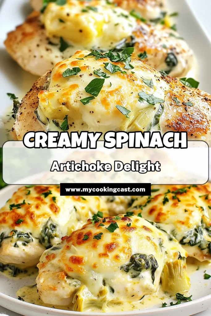 Savor the deliciousness of creamy spinach artichoke chicken, an easy chicken recipe that's perfect for dinner! This baked chicken with spinach and artichokes delivers comfort food bliss in every bite. With a creamy cheese blend and tender chicken, this artichoke chicken dish will become a family favorite. Try this quick recipe today and elevate your meal with ease! Save this for later! #EasyChickenRecipes #ComfortFood #BakedChicken #ArtichokeChickenDish