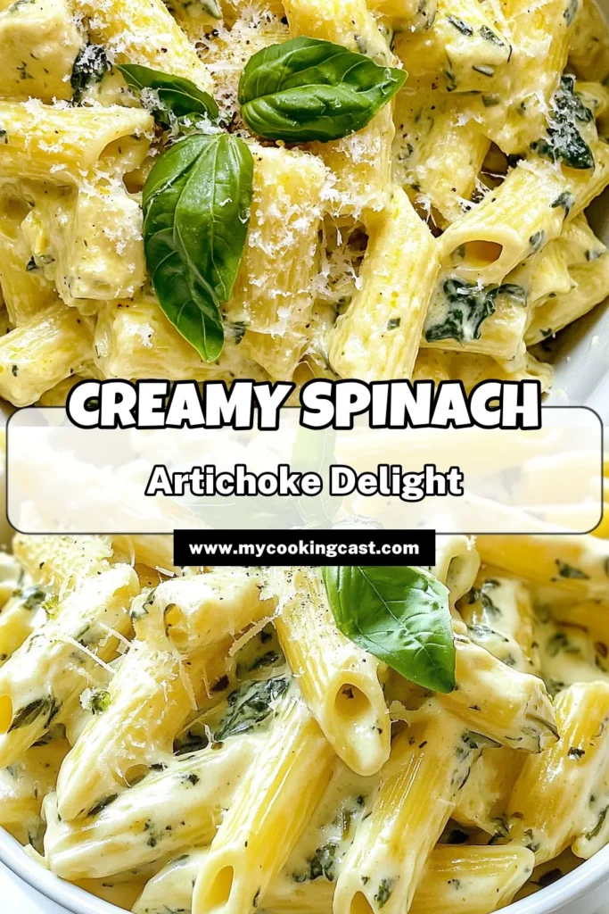 Indulge in this creamy spinach artichoke pasta that combines delicious flavors and rich textures in one easy creamy pasta dish. This vegetarian pasta recipe is perfect for busy weeknights! Our garlic spinach pasta is not only quick to make but also incredibly satisfying. Try this spinach artichoke pasta recipe and elevate your dinner tonight. Save the recipe for later! #CreamySpinachArtichokePasta #EasyPastaRecipe #VegetarianDinner #PastaLovers