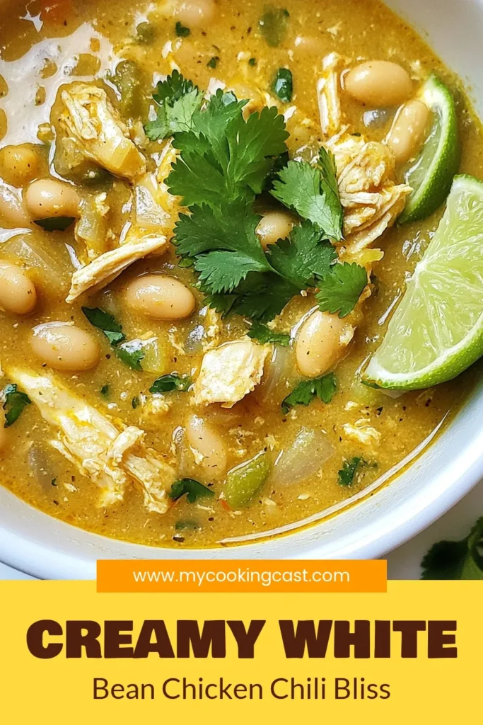 Looking for a deliciously creamy white bean chicken chili? This easy chicken chili recipe is packed with flavor and perfect for any weeknight dinner. With tender chicken, white beans, and a smooth creamy finish, this white bean chicken chili will quickly become a family favorite. Perfect for cozy nights, try this creamy chili recipe today! Save this recipe for your next meal! #CreamyWhiteBeanChili #ChickenChiliRecipe #EasyChickenChili #CreamyChiliRecipes