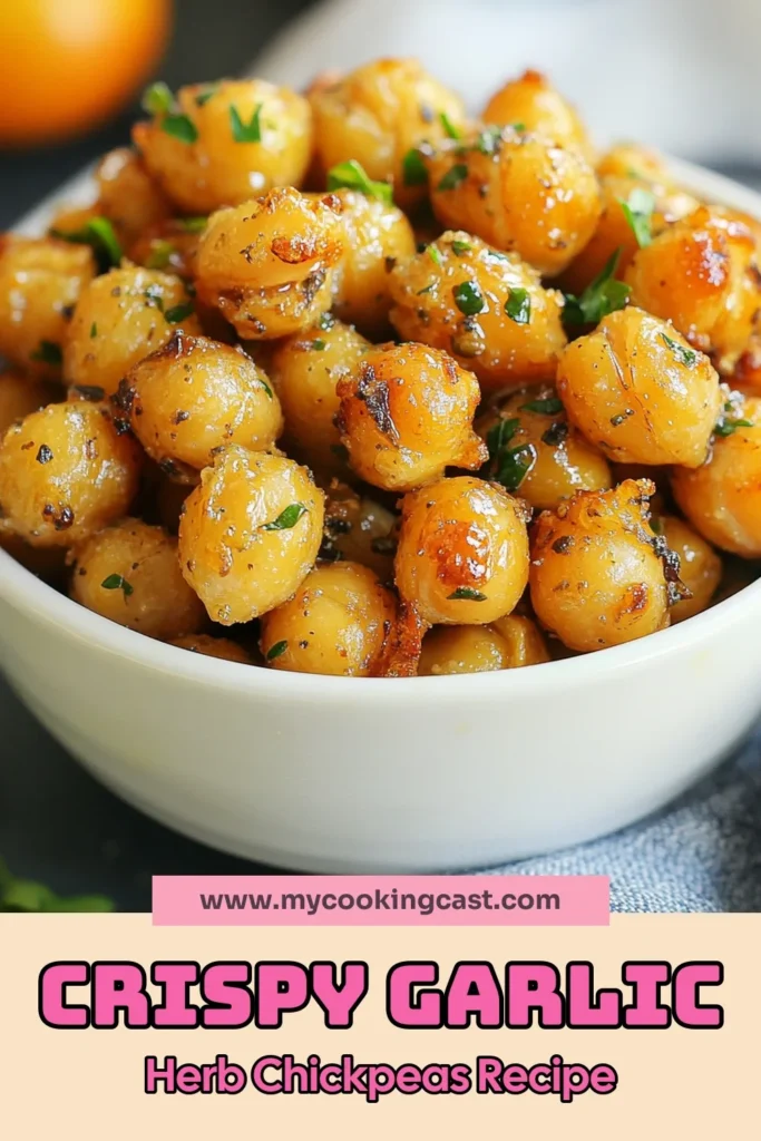 Looking for a tasty and healthy snack? Try this Garlic Herb Roasted Chickpeas recipe! Easy to make, these oven roasted chickpeas are packed with flavor and perfect as vegan garlic snacks. You'll love the crispy texture and delicious garlic herb chickpeas flavor. Enjoy them as a nutritious option for any time of the day. Discover your new favorite healthy chickpea snacks today! Save this recipe! #GarlicHerbChickpeas #RoastedChickpeasRecipe #HealthySnacks #VeganSnacks