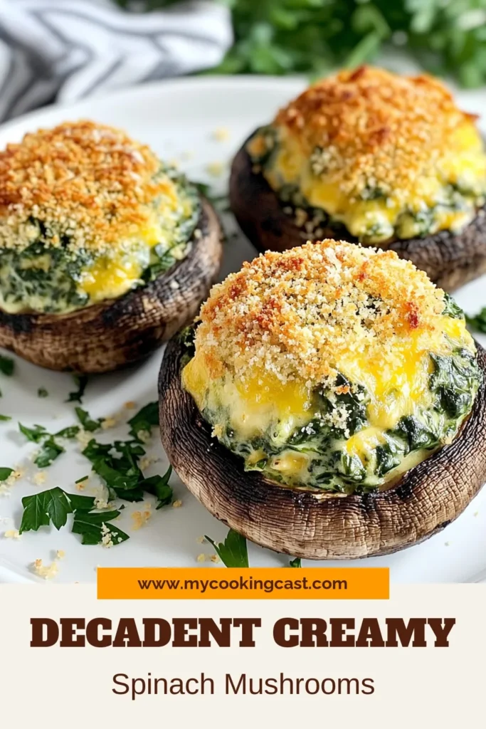Delight in these creamy spinach stuffed mushrooms, a perfect portobello mushroom recipe for your next gathering. This baked stuffed mushrooms dish combines fresh spinach and cream cheese for a delicious vegetarian mushroom dish that will impress everyone. Quick to prepare and bursting with flavor, it's the ideal spinach and cream cheese appetizer. Save this recipe now and impress your guests! #StuffedMushrooms #HealthyRecipes #Vegetarian #Appetizers