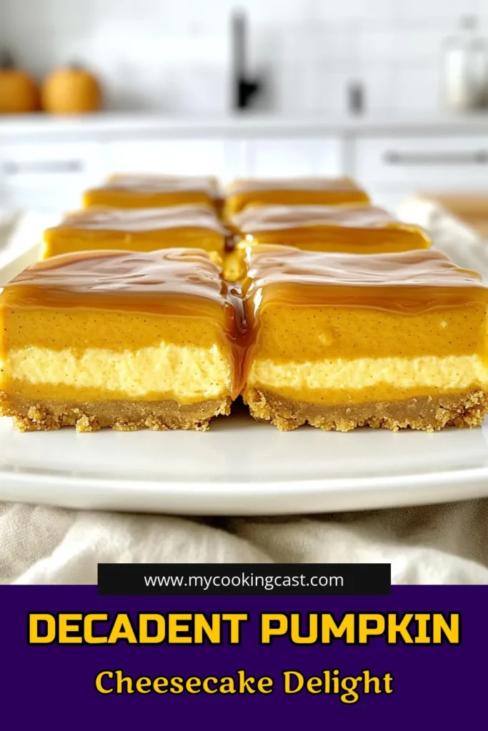 Indulge in the exquisite flavors of Salted Caramel Pumpkin Cheesecake Bars! These creamy bars combine a buttery graham cracker crust with rich pumpkin cheesecake and a luscious salted caramel drizzle. Perfect for fall gatherings or cozy nights at home, this recipe is a must-try. Click to discover step-by-step instructions and treat yourself to a slice of autumn bliss! #PumpkinDessert #CheesecakeBars #FallBaking #DessertRecipes