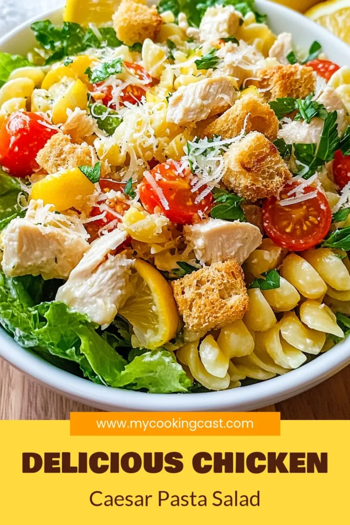 Looking for a refreshing and hearty meal? Try this Chicken Caesar Pasta Salad! It's an easy pasta salad recipe that's perfect for lunch or dinner. Made with rotini pasta, diced chicken, and crispy romaine, this healthy chicken salad is drizzled with creamy Caesar dressing for a delicious twist. Get ready to impress your family with this Caesar dressing pasta salad. Save this simple rotini pasta salad recipe for your next gathering! #ChickenCaesarPastaSalad #EasyPastaSalad #HealthyChickenSalad #RotiniPastaSaladRecipe