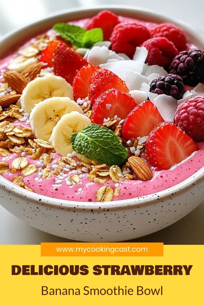 Start your day with a refreshing Strawberry Banana Smoothie Bowl! This Healthy Smoothie Bowl Recipe features fresh strawberries, ripe bananas, and creamy Greek yogurt for a nutritious boost. Quick Breakfast Smoothie Bowl ready in just 10 minutes, it's perfect for busy mornings. Don't forget the chia seeds for added nutrients! Try this delicious Greek Yogurt Smoothie Bowl today and elevate your breakfast! Save this recipe now! #SmoothieBowl #HealthyEating #BreakfastIdeas #ChiaSeeds