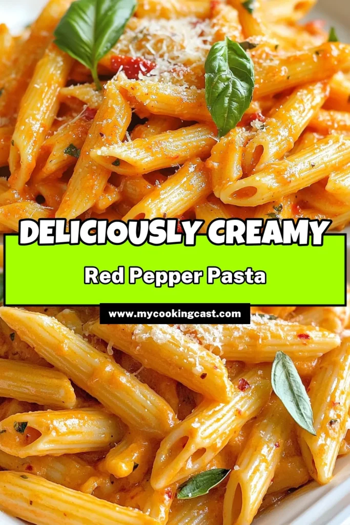 Indulge in this delicious Creamy Roasted Red Pepper Pasta that's perfect for vegan diets! This easy pasta recipe features a rich roasted red pepper sauce blended to perfection, creating a comforting creamy pasta dish the whole family will love. Ready in just 50 minutes, it’s a must-try! Pin now and bring this flavorful meal to your kitchen. #CreamyRoastedRedPepperPasta #VeganRoastedRedPepperPasta #EasyPastaRecipes #RoastedRedPepperSauce