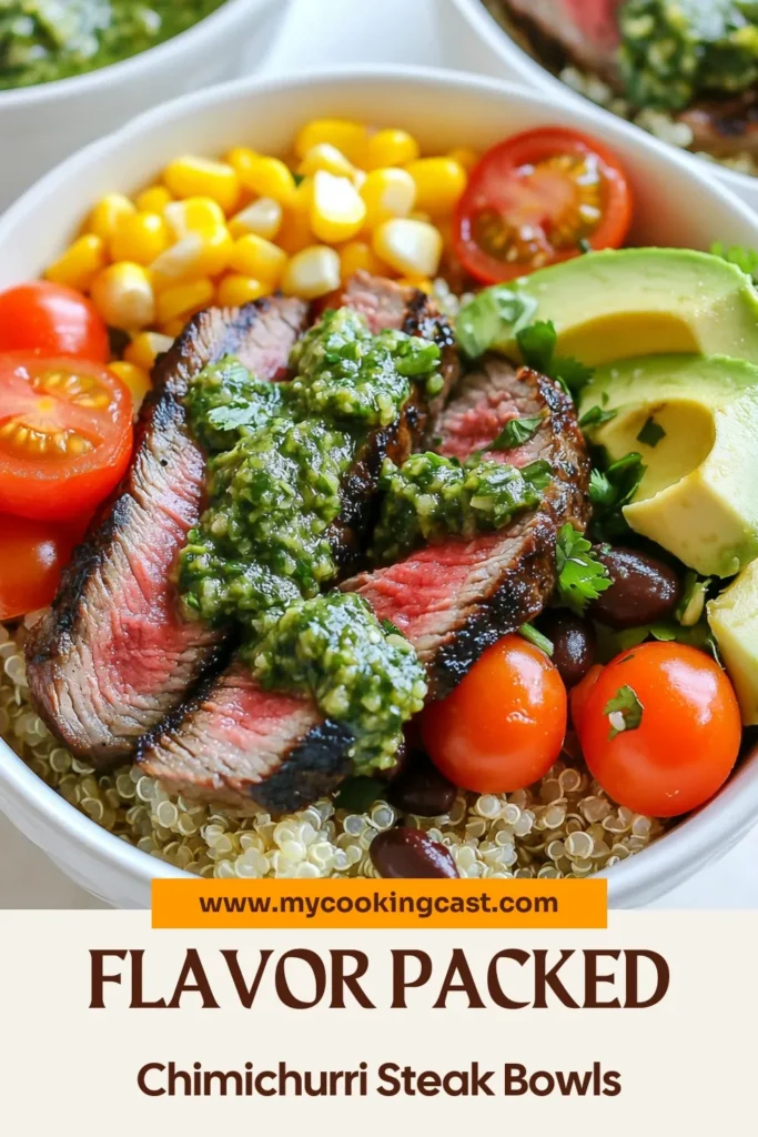 Discover delicious Chimichurri Steak Bowls for a healthy steak recipe that's sure to impress! With tender flank steak, flavorful quinoa, and vibrant toppings like cherry tomatoes and avocado, this easy chimichurri sauce brings everything together. Perfect for a satisfying weeknight dinner, these quinoa bowls with steak are packed with nutrients and flavor. Try this flank steak dinner recipe today and elevate your meal prep game! Save this recipe and enjoy! #ChimichurriSteakBowls #HealthySteakRecipe #QuinoaBowls #EasyChimichurriSauce