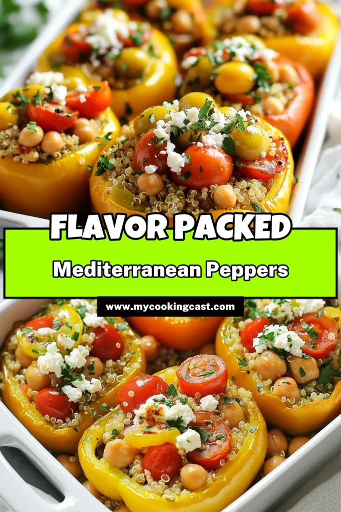 Discover a deliciously healthy Mediterranean dish with these Mediterranean stuffed peppers! Packed with quinoa and chickpeas, this quinoa stuffed bell peppers recipe is perfect for a wholesome meal. Try this chickpea pepper recipe for a delightful twist, featuring vibrant cherry tomatoes, olives, and feta. Perfect for meal prep or a cozy dinner! Save and enjoy this baked stuffed peppers recipe today. #MediterraneanRecipe #HealthyEating #StuffedPeppers #QuinoaRecipes