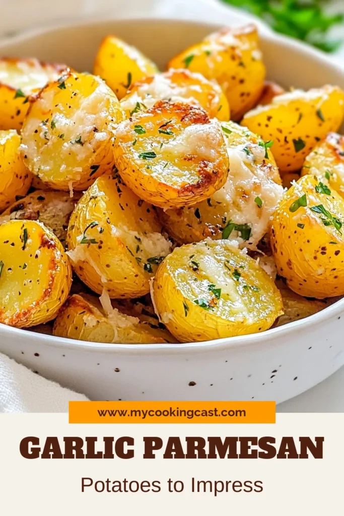 Discover the ultimate roasted baby potatoes recipe with these Garlic Parmesan potatoes that are sure to impress! This easy garlic roasted potatoes dish features tender baby potatoes tossed in olive oil, garlic, and aromatic herbs, then topped with crispy Parmesan cheese. Perfect as a side or a snack, your dinner will never be the same. Try this mouthwatering Garlic Parmesan roasted potatoes recipe today! Save and share! #GarlicParmesanPotatoes #CrispyGarlicPotatoes #RoastedBabyPotatoes #EasyGarlicRoastedPotatoes