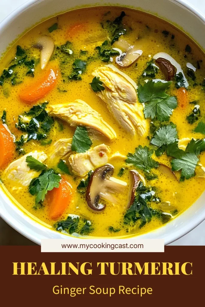 Warm up with this delicious Turmeric Ginger Chicken Soup, a perfect healthy chicken soup packed with anti-inflammatory benefits. This ginger chicken soup recipe combines fresh turmeric and creamy coconut milk for a soothing bowl of goodness. Easy to make and bursting with flavor, it’s ideal for cozy nights. Discover how to create this nourishing coconut milk soup and enjoy a healthy twist on your chicken soup! Save this recipe for later! #TurmericChickenSoup #HealthyChickenSoup #GingerChickenSoupRecipe #CoconutMilkSoup