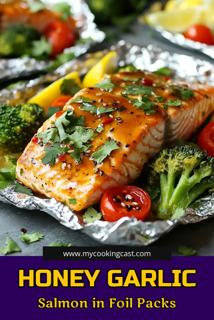 Discover the mouthwatering flavors of honey garlic salmon with this easy salmon recipe! These baked salmon foil packs are a perfect foil pack dinner option, packed with healthy salmon and vibrant vegetables like broccoli, cherry tomatoes, and carrots. In just 30 minutes, you’ll have a delicious meal that’s not only nutritious but also effortless to prepare. Save this recipe for an exciting weeknight dinner! #HoneyGarlicSalmon #FoilPackDinner #HealthySalmon #EasySalmonRecipe