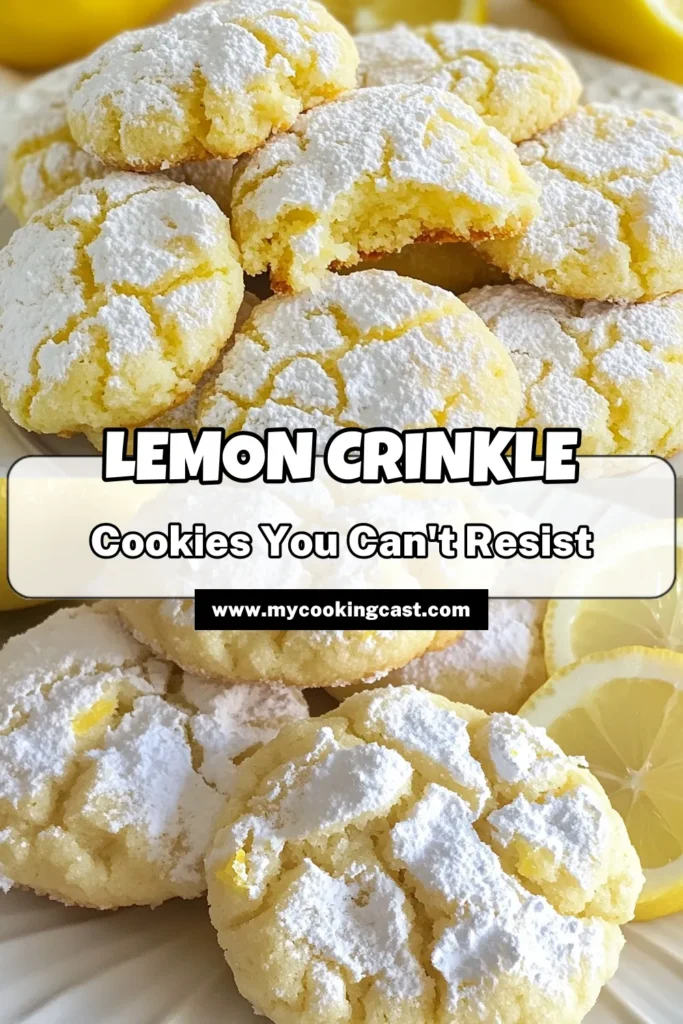 Indulge in the delightful taste of chewy lemon crinkle cookies with this easy lemon cookies recipe! Learn how to make lemon cookies that are soft, chewy, and bursting with fresh lemon flavor. This chewy cookie recipe yields 24 delicious treats perfect for any occasion. Follow these simple steps to create your own batch of irresistible chewy lemon crinkle cookies. Save this pin for your next baking adventure! #LemonCookies #BakingRecipes #CookieRecipe #DessertIdeas