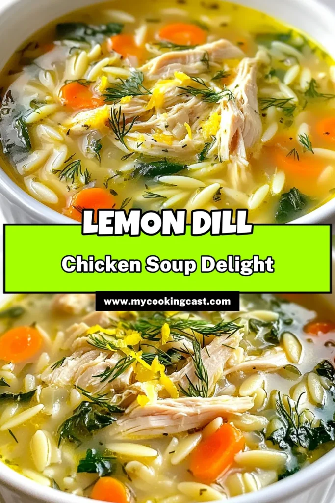 Discover the delightful flavors of Lemon Dill Chicken Soup with this easy chicken soup recipe that features tender chicken and orzo pasta for a comforting meal. Perfect for any time, this healthy chicken soup recipe combines fresh dill and vibrant lemon for a refreshing twist. Ready in just 45 minutes, it's ideal for busy weeknights. Try this Lemon Dill Chicken Orzo Soup and enjoy a bowl of warmth! Save it for your next meal! #HealthyRecipes #SoupSeason #LemonDill #ChickenSoup