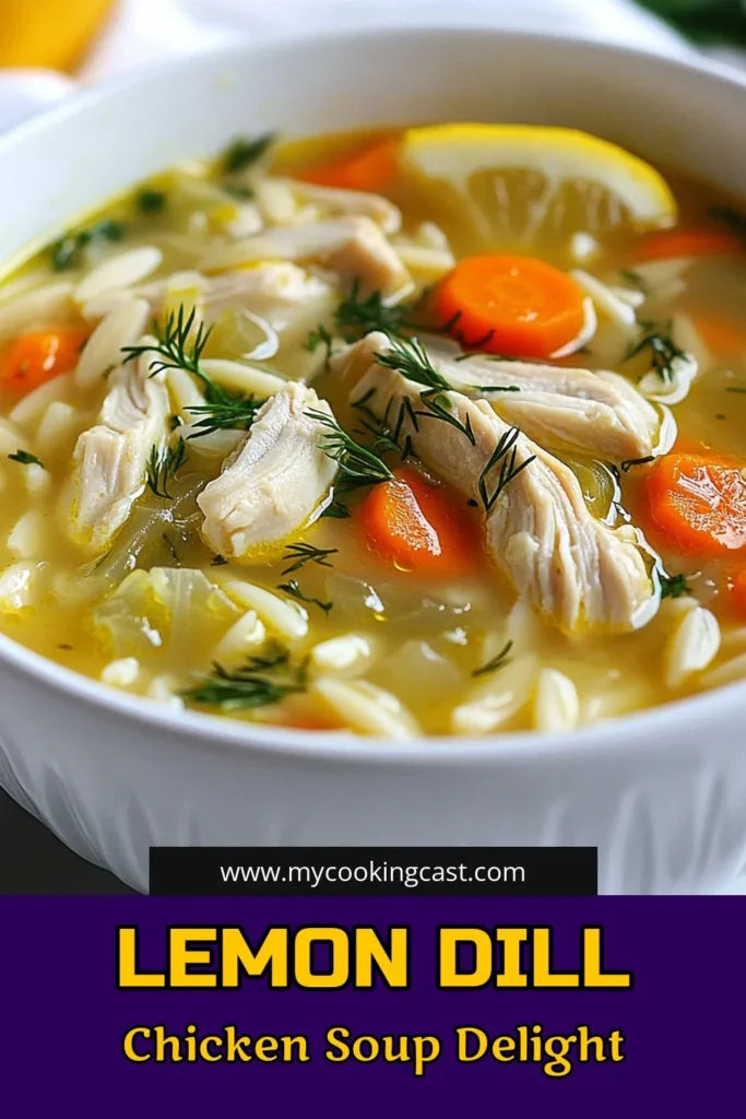 Warm up with this delicious Lemon Dill Chicken Soup, a creamy Greek Chicken Soup Recipe that’s perfect for any night. This healthy Lemon Chicken Soup combines diced chicken, orzo pasta, and fresh dill for an easy Greek Soup Recipe you’ll love. Ready in just 30 minutes, it's a quick way to enjoy a comforting bowl of goodness! Save this Creamy Chicken Soup with Orzo for later and make it tonight! #GreekChickenSoup #LemonDillSoup #HealthyRecipes #SoupLovers