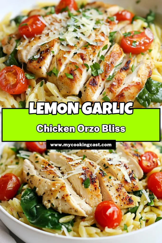 Discover this delicious lemon garlic orzo recipe that combines tender orzo pasta with chicken for a quick, healthy meal. This chicken orzo skillet is perfect for weeknight dinners, ready in just 35 minutes. Treat yourself to a flavorful lemon orzo chicken dinner with fresh ingredients like spinach and cherry tomatoes. Try this healthy lemon garlic pasta dish and savor every bite! Save this recipe now! #lemongarlicorzo #orzo #chickendinner #pastarecipes