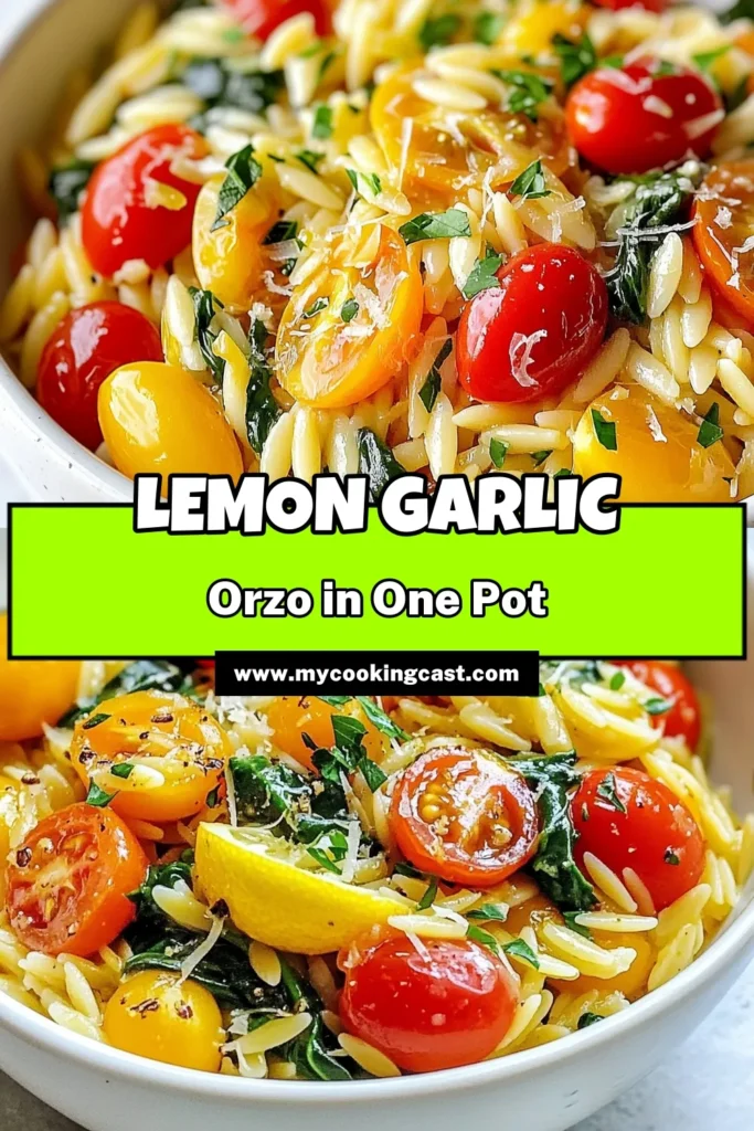 Experience a delightful twist on dinner with this one-pot lemon garlic orzo recipe! Perfect for a quick weeknight dinner, this easy orzo recipe combines the zesty flavor of lemon with garlic, cherry tomatoes, and spinach for a vibrant vegetarian orzo dish. Ready in just 25 minutes, it's wholesome, comforting, and sure to be a family favorite. Save this quick lemon garlic pasta recipe for your next meal! #OnePotMeals #EasyRecipes #Vegetarian #PastaDish