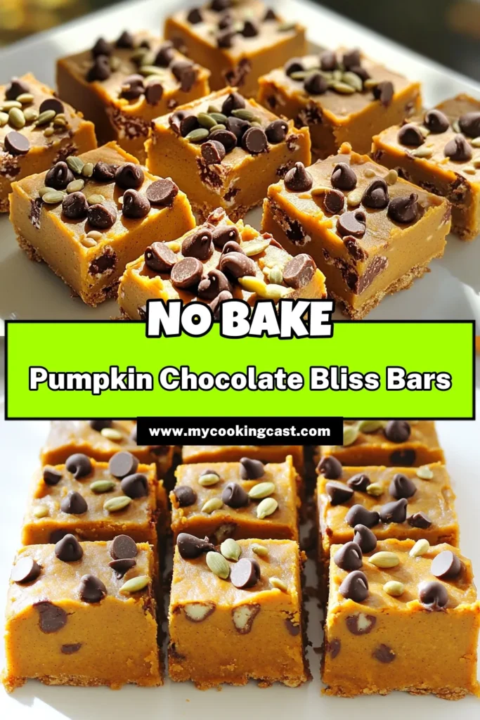 Indulge your taste buds with these delicious No Bake Pumpkin Chocolate Chip Bars! Made in just 15 minutes, these treats combine creamy almond butter, pumpkin puree, and mini chocolate chips for a perfect fall snack. Ideal for a quick dessert or a healthy treat, these bars are both mouthwatering and easy to make. Click through to explore the full recipe and enjoy a slice of autumn bliss! #PumpkinRecipes #NoBakeDesserts #HealthySnacks #FallBaking