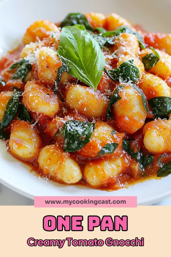 Savor the flavor with this creamy tomato gnocchi dish that's perfect for any night! This one-pan gnocchi recipe is an easy gnocchi skillet meal that combines potato gnocchi with cream sauce for a quick vegetarian delight. Ready in just 25 minutes, it’s a delicious, comforting dish your family will love. Try this creamy tomato gnocchi tonight and make dinner a breeze! Save this recipe now! #CreamyTomatoGnocchi #OnePanDinner #EasyGnocchi #VegetarianRecipes
