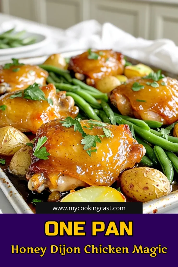 Indulge in a flavor explosion with this Honey Dijon Glazed Chicken Sheet Pan Delight! This easy recipe combines juicy chicken thighs, tender baby potatoes, and crisp green beans, all drizzled in a sweet and tangy glaze. Perfect for busy weeknights, it’s both delicious and a breeze to clean up. Click through for the full recipe and elevate your dinner game! #ChickenRecipes #SheetPanDinner #EasyCooking #HealthyEats