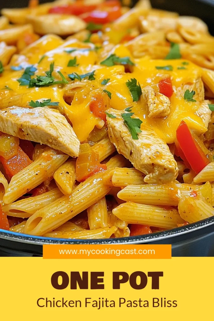 Looking for a deliciously simple meal? Try this One-Pot Chicken Fajita Pasta! It's one of the easiest chicken pasta recipes you'll love. With quick fajita pasta flavors, this dish combines tender chicken, vibrant veggies, and penne pasta, all cooked in one pot for effortless cleanup. Perfect for busy nights, this recipe is sure to become a favorite! Save this One-Pot dinner idea now! #OnePotChickenFajitaPasta #EasyChickenPastaRecipes #QuickFajitaPasta #DinnerIn30Minutes