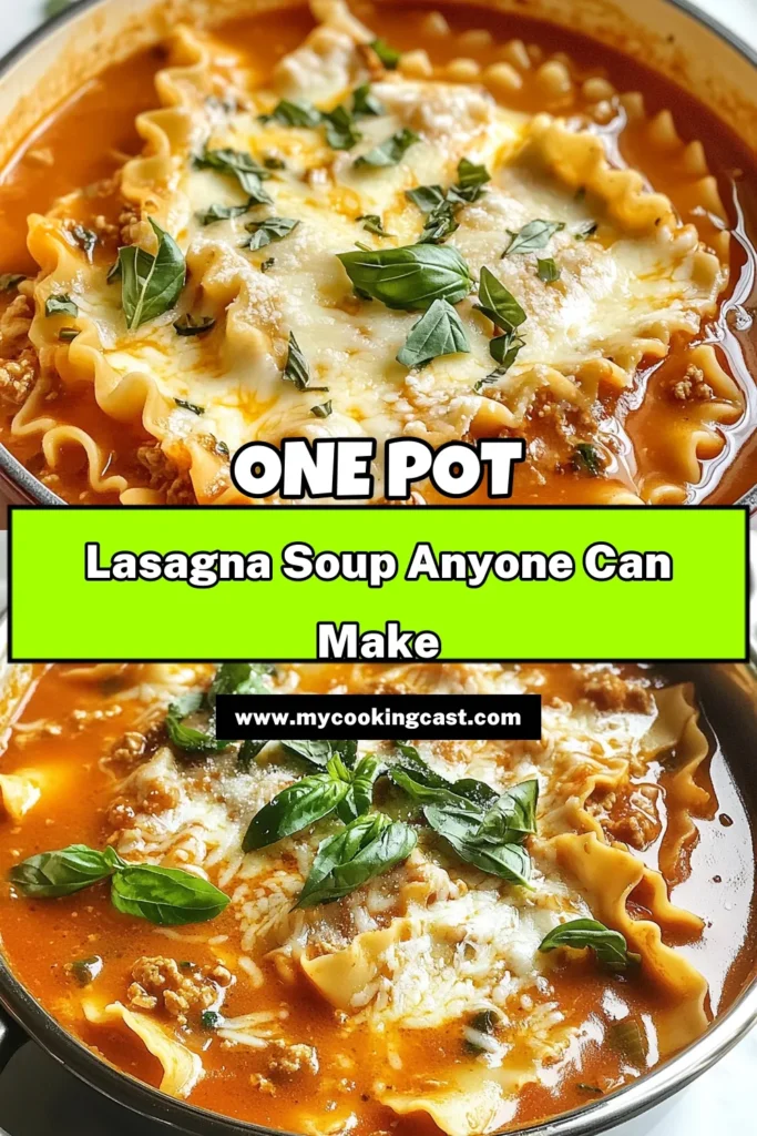 Discover the ultimate comfort food with this One-Pot Lasagna Soup! This easy lasagna soup recipe combines hearty flavors and creamy ricotta for a delicious twist on traditional lasagna. Perfect for weeknight dinners, this quick dinner recipe is ready in just 40 minutes. Enjoy the convenience of one-pot meals without sacrificing taste. Save this recipe and impress your family tonight! #LasagnaSoup #EasyRecipes #OnePotMeals #QuickDinners