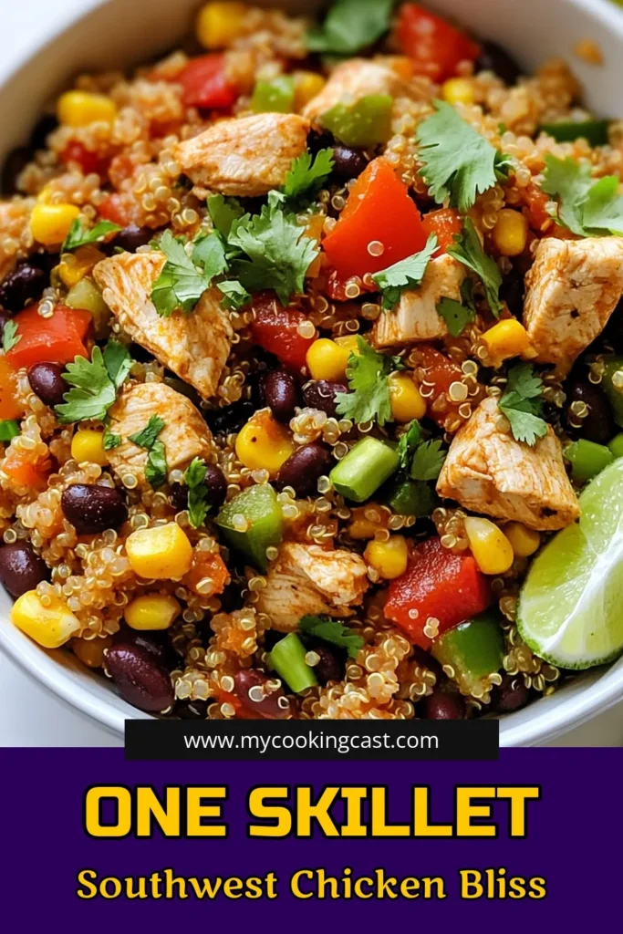 Discover this delicious Southwest chicken quinoa recipe that's perfect for a healthy chicken quinoa skillet dinner. This one-pan chicken meal is easy to prepare and packed with flavor. With quinoa, black beans, and colorful veggies, it’s a satisfying and nutritious option for busy weeknights. Try this easy quinoa recipe today and delight your taste buds! Save this recipe for later! #HealthyEating #QuinoaSkillet #OnePanMeal #EasyDinnerRecipes