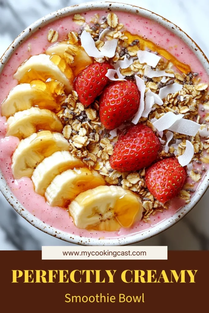 Looking for a delicious and nutritious start to your day? Try this Strawberry Banana Smoothie Bowl, an easy breakfast smoothie bowl that packs flavor and health into one bowl! This healthy smoothie bowl recipe blends frozen strawberries and ripe bananas with Greek yogurt for creaminess. Perfect for a vegan option too, just swap honey for maple syrup! Elevate your morning routine and enjoy toppings like fresh fruit and granola. Save this recipe for your next breakfast! #SmoothieBowl #HealthyEating #VeganRecipes #BreakfastIdeas