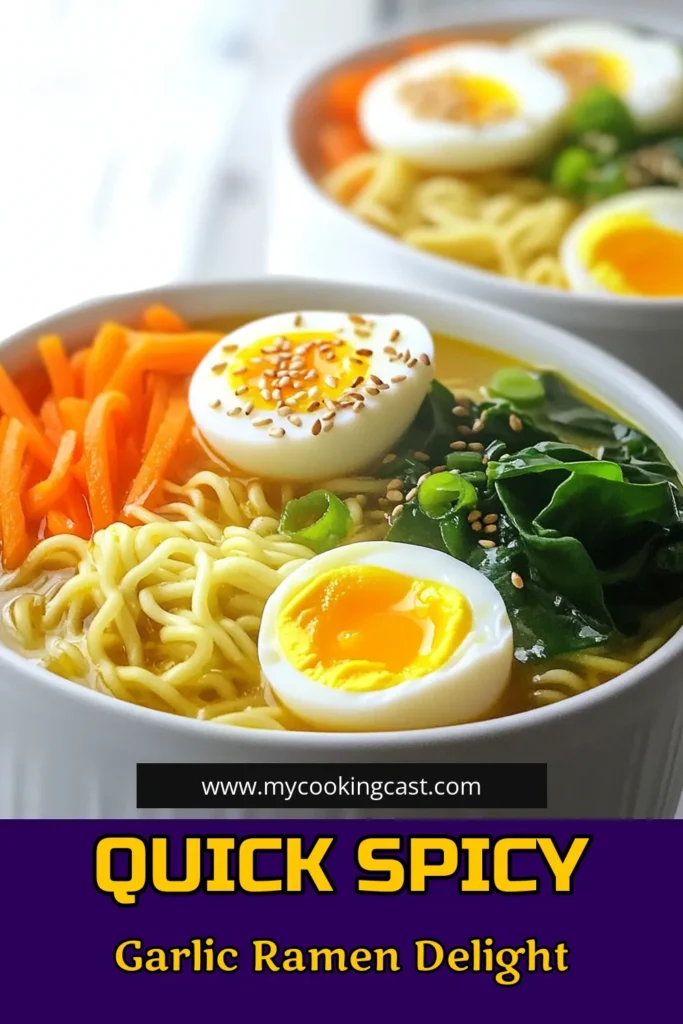 Spice up your meal in just 15 minutes with this delicious Minute Spicy Garlic Ramen recipe! Packed with flavors from garlic, soy sauce, and red pepper flakes, this easy dish is perfect for a quick lunch or dinner. With vibrant veggies and optional toppings like a soft-boiled egg, it'll satisfy your cravings in no time. Don’t miss out on trying this tasty recipe—click through for full details and step-by-step instructions! #SpicyGarlicRamen #QuickRecipes #DeliciousMeals #InstantNoodles