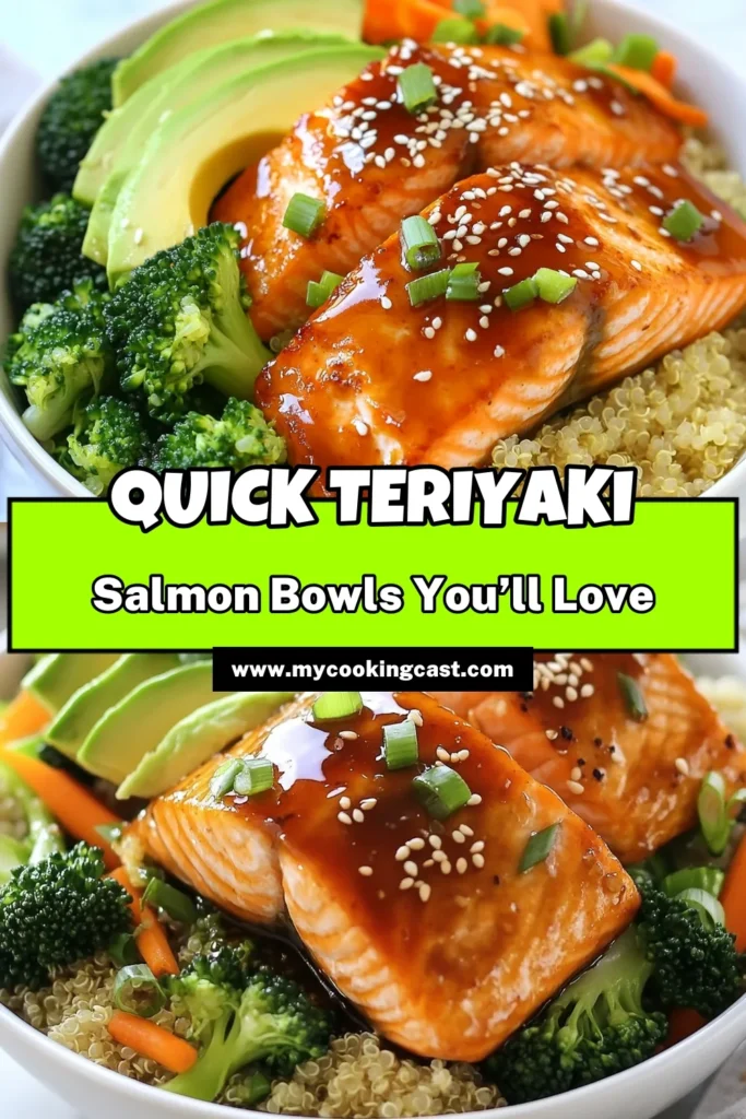 Savor a delightful Teriyaki salmon bowl recipe with this easy quinoa bowls dish! Perfect for anyone seeking healthy salmon recipes, this Asian-inspired salmon dish combines marinated salmon fillets with steamed veggies and creamy avocado. Drizzle with homemade teriyaki sauce salmon for the ultimate flavor boost. Enjoy a nutritious meal in just 40 minutes! Save this recipe for your healthy dinner ideas! #TeriyakiSalmon #HealthyRecipes #QuinoaBowls #AsianInspiredCooking