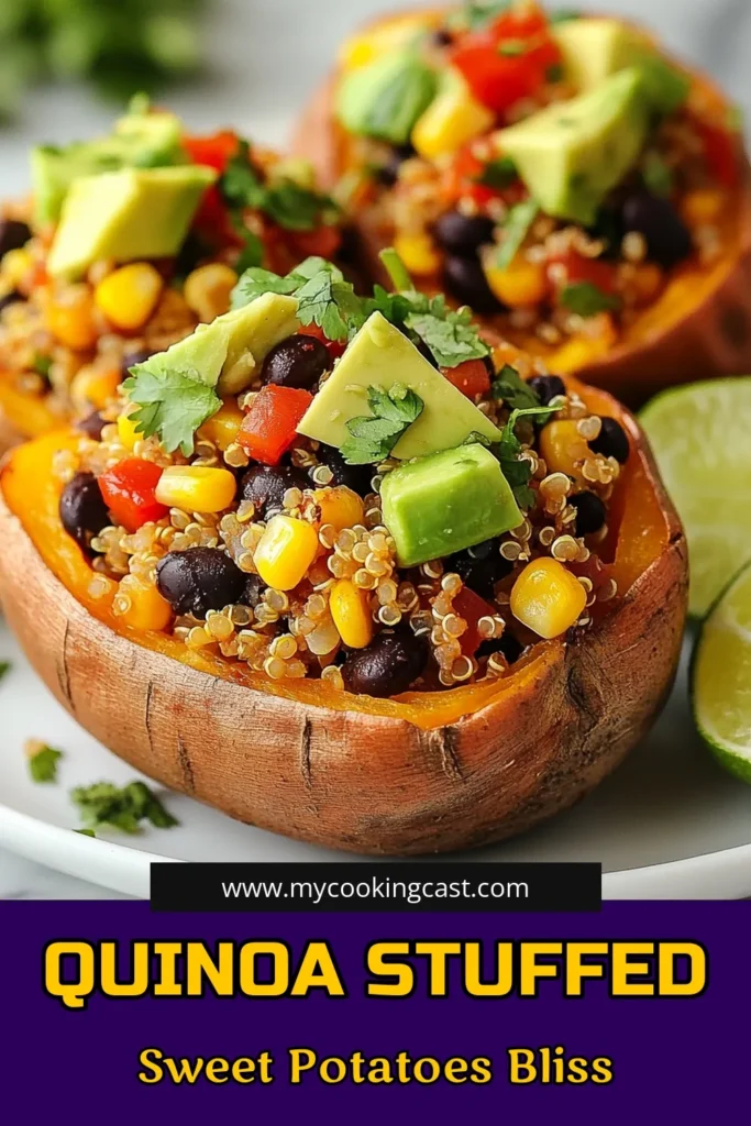 Discover this delicious recipe for quinoa stuffed sweet potatoes, a healthy sweet potato recipe that's perfect for meal prep or a cozy dinner. These vegan quinoa stuffed sweet potatoes are packed with nutrients and flavor, featuring black beans and vibrant veggies. Quick and easy to make, they are a must-try! Save this recipe and enjoy a wholesome dish that fulfills your cravings. #HealthyRecipes #VeganEats #QuinoaRecipes #SweetPotatoes