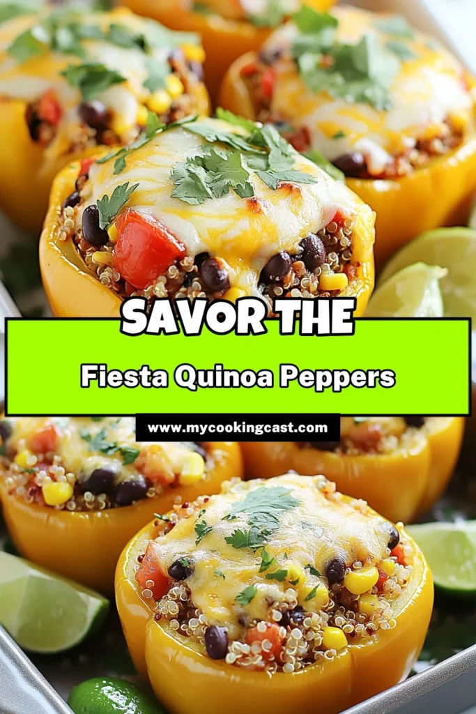 Discover the vibrant flavors of Fiesta Quinoa Stuffed Peppers! This healthy stuffed peppers recipe combines quinoa, black beans, and delicious spices for a satisfying vegetarian dish. Easy quinoa stuffed peppers are perfect for a nutritious meal, and you can customize the ingredients to your liking. Bring a burst of color to your table with these stuffed bell peppers with beans. Save this recipe for your next cooking adventure! #QuinoaRecipes #HealthyEating #VegetarianRecipes #StuffedPeppers