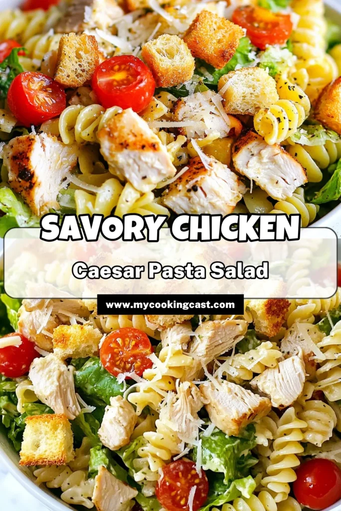 Looking for a delicious and nutritious meal? Try this Chicken Caesar Pasta Salad – a perfect blend of rotini pasta, diced chicken, fresh Romaine, and cherry tomatoes, all tossed in Caesar dressing. This easy pasta salad recipe is not only quick to prepare but also a healthy chicken salad option for any occasion. Ready in just 45 minutes, it’s sure to be a hit! Save this Chicken Caesar Pasta Salad for your next gathering! #PastaSalad #HealthyEating #EasyRecipes #ChickenSalad