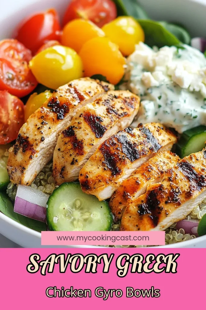 Create a delicious and nutritious meal with this Greek chicken gyro bowl! Our healthy gyro bowl recipe is perfect for meal prep, featuring a chicken gyro bowl with quinoa, fresh veggies, and a creamy homemade tzatziki sauce. Ideal for Mediterranean meal prep recipes, this bowl is packed with flavor and nutrition. Try this vibrant dish today and elevate your mealtime! Save it for later! #GreekChickenGyroBowl #HealthyRecipes #MealPrep #TzatzikiSauce