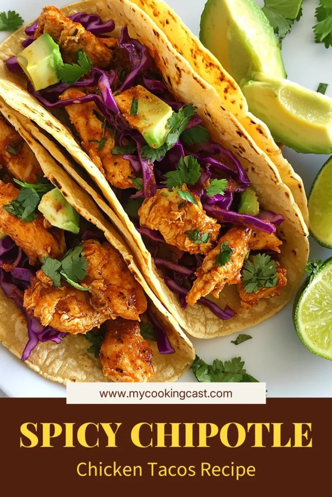 Get ready for a flavor explosion with these Smoky Chipotle Chicken Tacos! This easy chicken tacos recipe features delicious chipotle chicken marinated to perfection, making it a quick taco night recipe that's sure to impress. Top with flavorful taco toppings like red cabbage, avocado, and fresh cilantro for a fresh finish. Perfect for busy weeknights! Try it now and elevate your taco game! #TacoTuesday #EasyRecipes #ChickenTacos #MealPrep