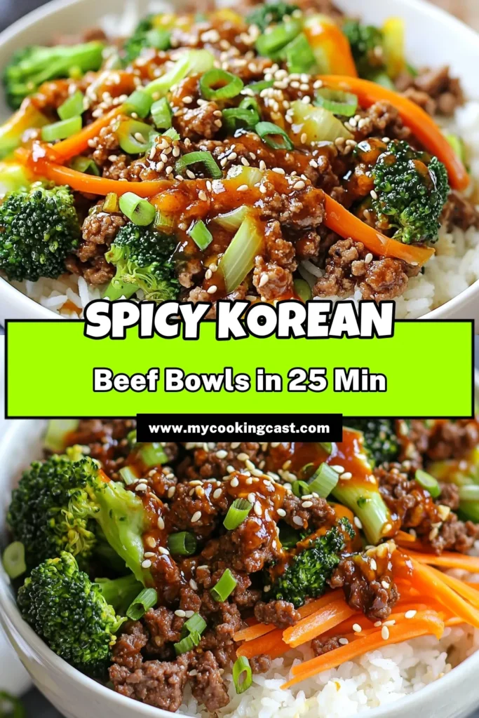 Discover the perfect Spicy Korean beef bowl recipe that combines flavor and convenience! These Gochujang beef bowls are a must-try for anyone seeking quick Korean dinner recipes. With ground beef and vibrant veggies, this easy beef stir-fry recipe is a delightful Asian-inspired meal. Ready in just 25 minutes, it's perfect for busy weeknights. Save this recipe for your next dinner and enjoy! #SpicyKoreanBeef #QuickDinnerIdeas #KoreanRecipes #GroundBeefRecipes