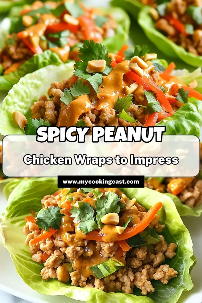 Looking for a delicious and healthy dinner idea? Try these spicy peanut chicken wraps! This mouthwatering lettuce wraps recipe features ground chicken, creamy peanut butter, and vibrant veggies for a quick dinner that’s packed with flavor. Perfect for meal prep or a weeknight feast, these ground chicken lettuce wraps are sure to impress. Save this recipe and bring some heat to your dinner table! #SpicyPeanutChickenWraps #LettuceWrapsRecipe #HealthyChickenRecipes #QuickDinnerRecipes